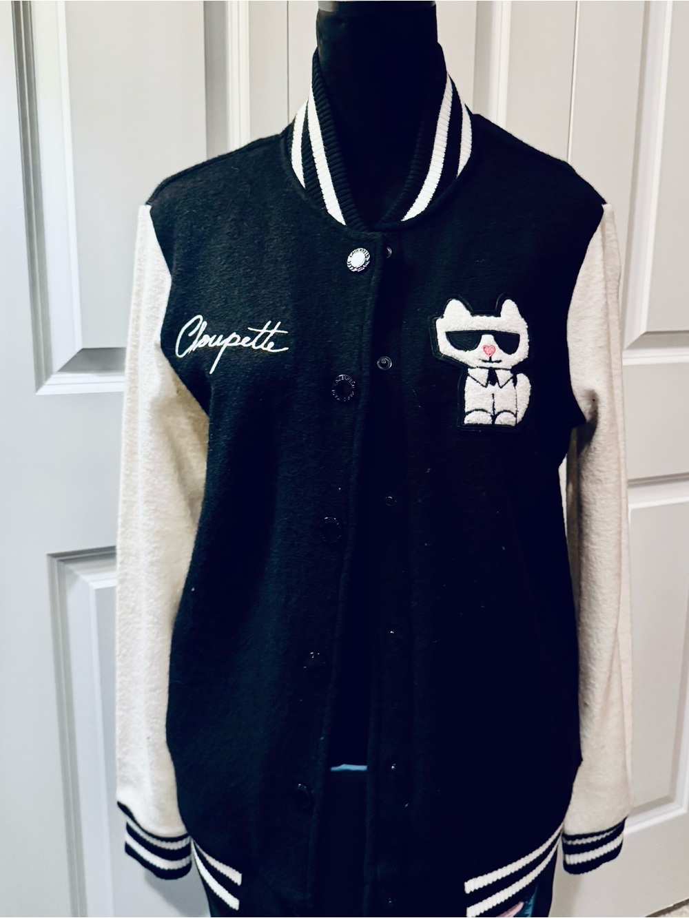 Karl Lagerfeld Black & Cream Women’s Letterman Jacket with Cat Patch